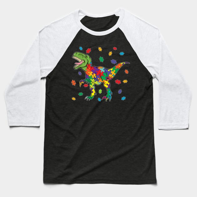 T-Rex Dinosaur Autism Awareness Puzzle Piece Baseball T-Shirt by danielsho90